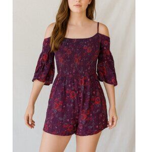 Hollister Purple Red Floral Romper Off Shoulder Summer Boho L